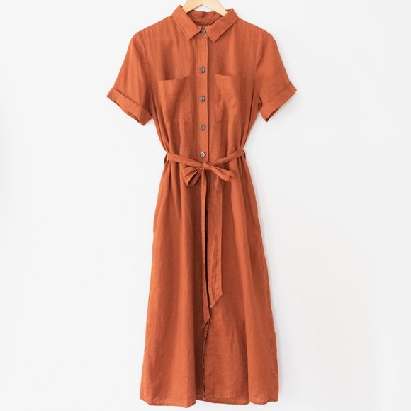 Magaschoni Linen Short Sleeve Midi Length Tie Waist Button Down Dress - Picture 1 of 7